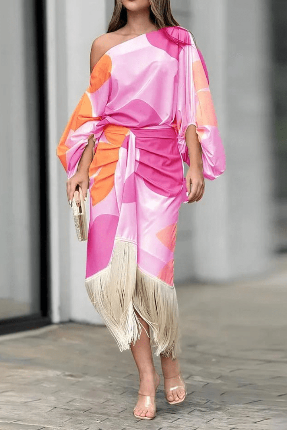 Robe midi portefeuille asymétrique à franges pour femme