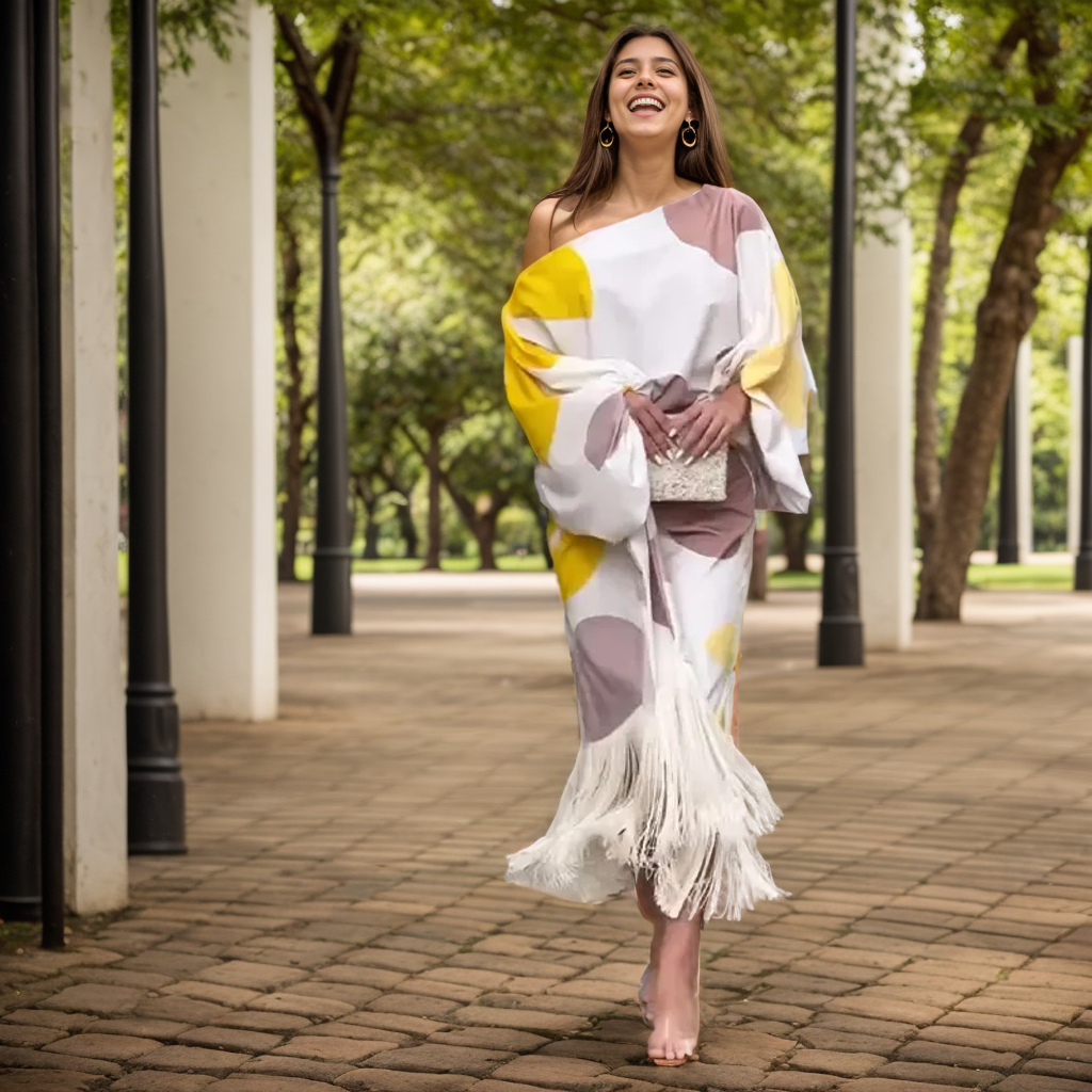 Robe midi portefeuille asymétrique à franges pour femme