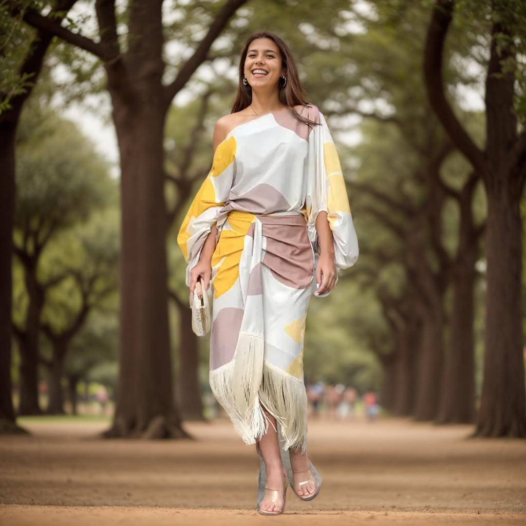 Robe midi portefeuille asymétrique à franges pour femme