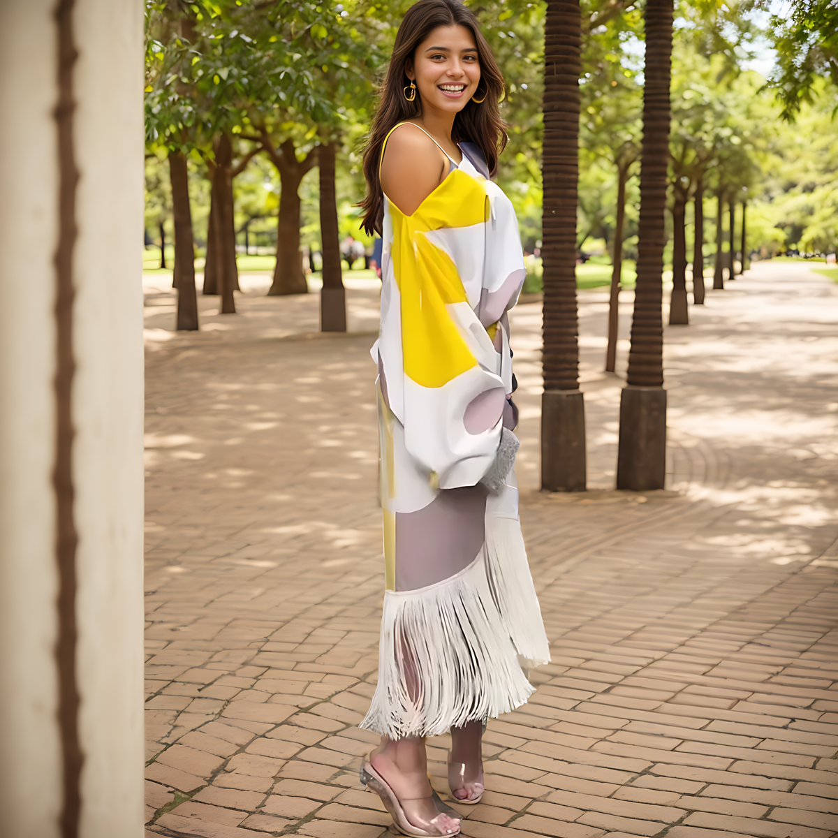 Robe midi portefeuille asymétrique à franges pour femme