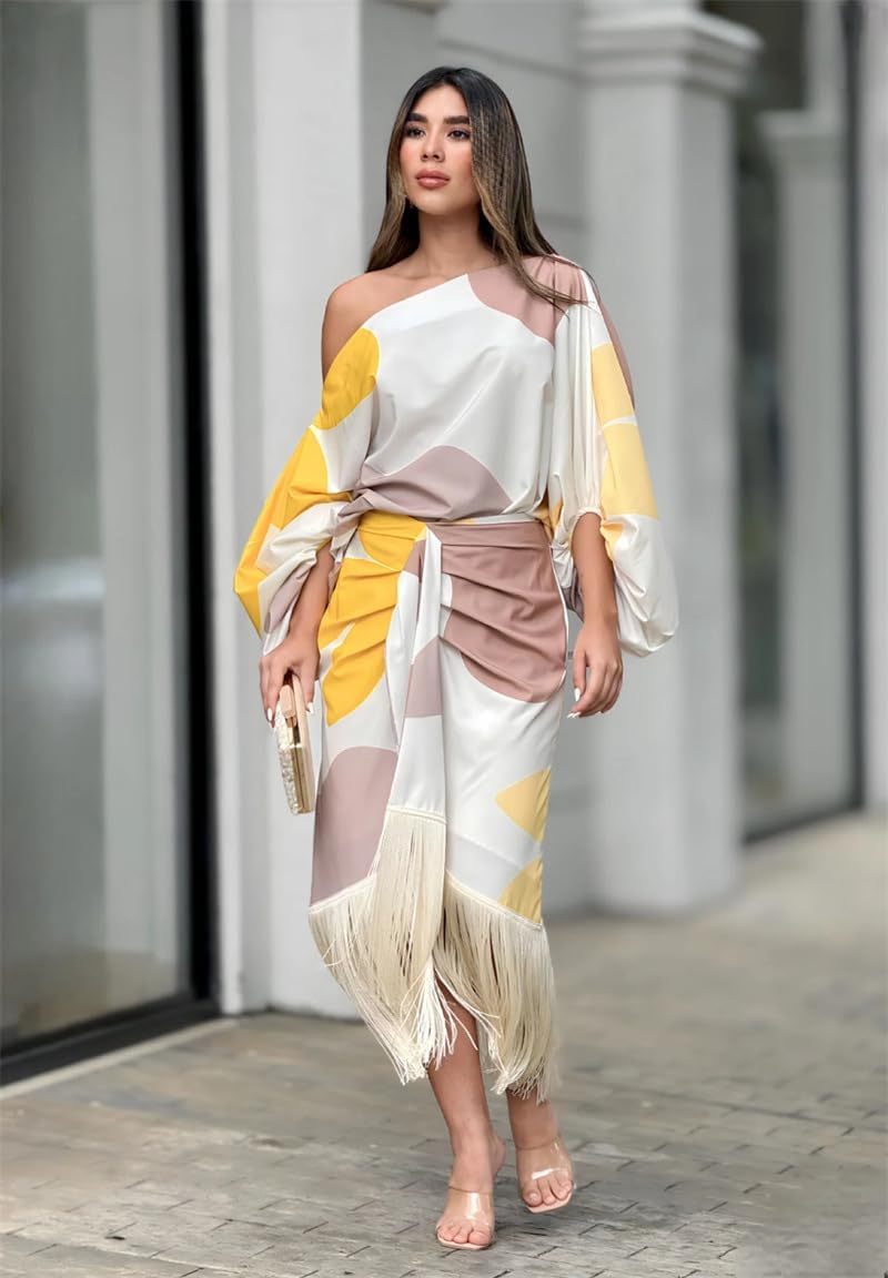 Robe midi portefeuille asymétrique à franges pour femme