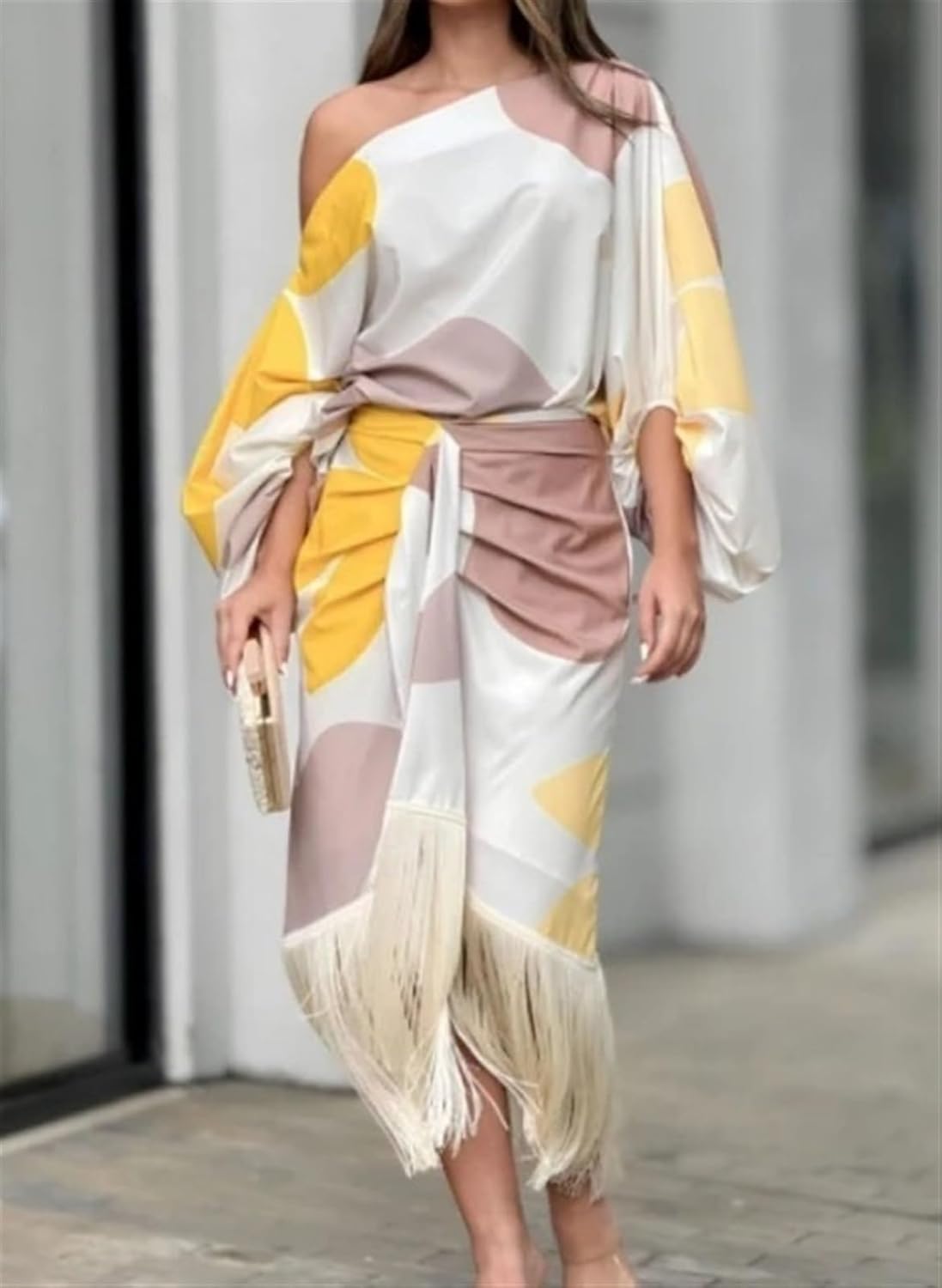 Robe midi portefeuille asymétrique à franges pour femme