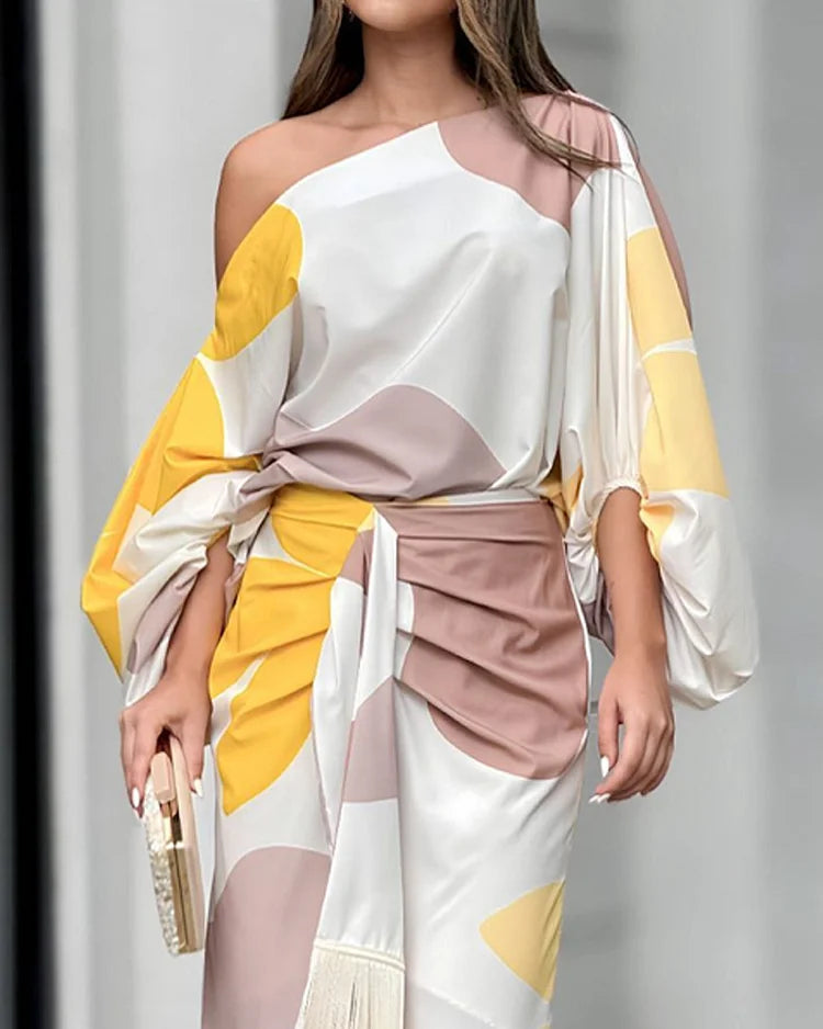 Robe midi portefeuille asymétrique à franges pour femme