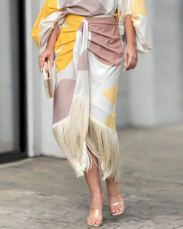 Robe midi portefeuille asymétrique à franges pour femme