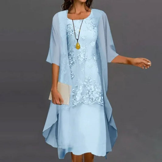 Robe midi pour femme à manches courtes, col rond et cape
