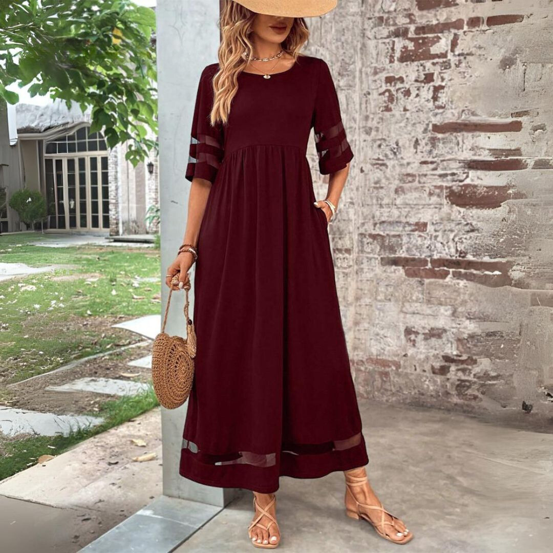 Robe midi pour femme à taille empire, jupe fluide et manches longues