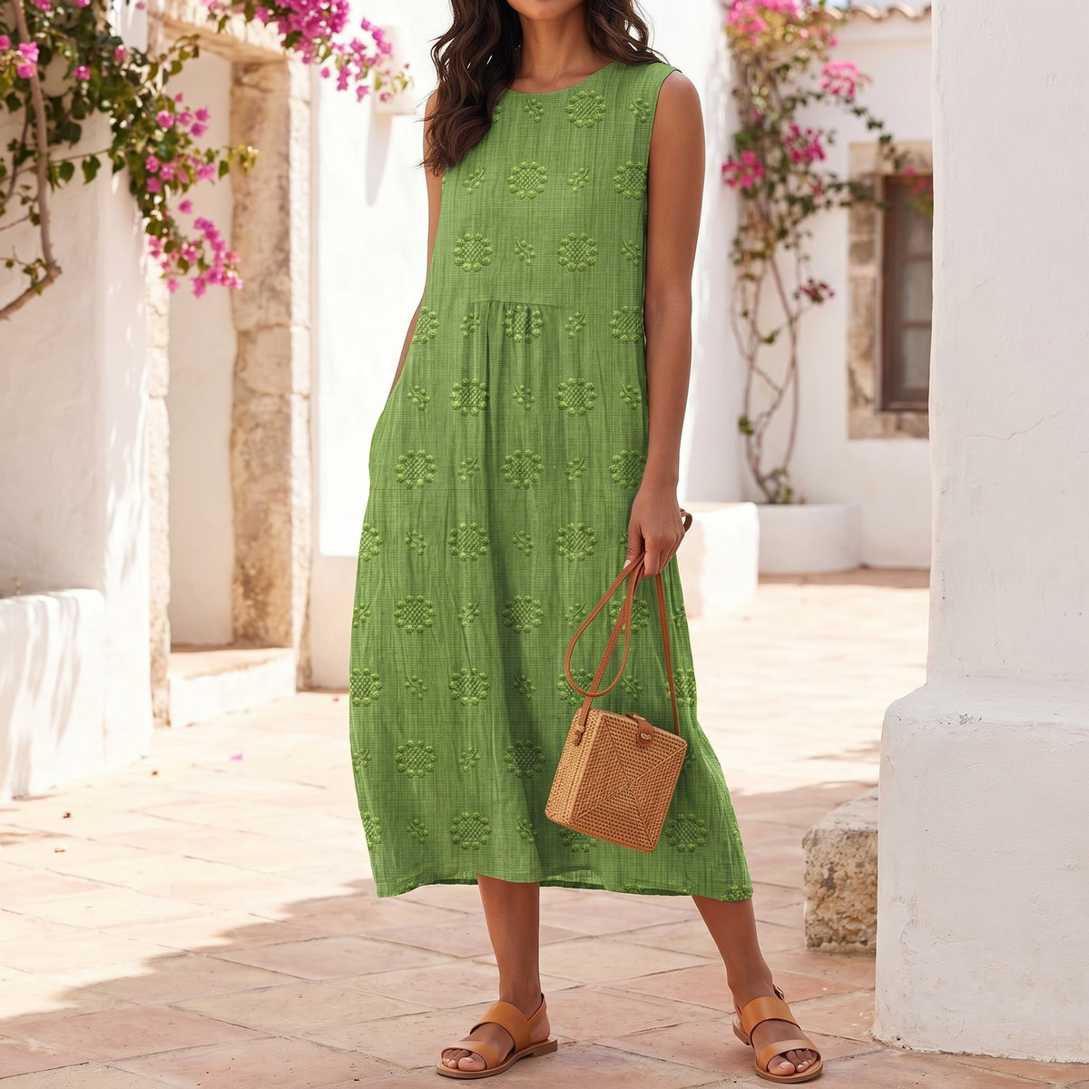 Robe midi sans manches brodée pour femme, légère pour l'été