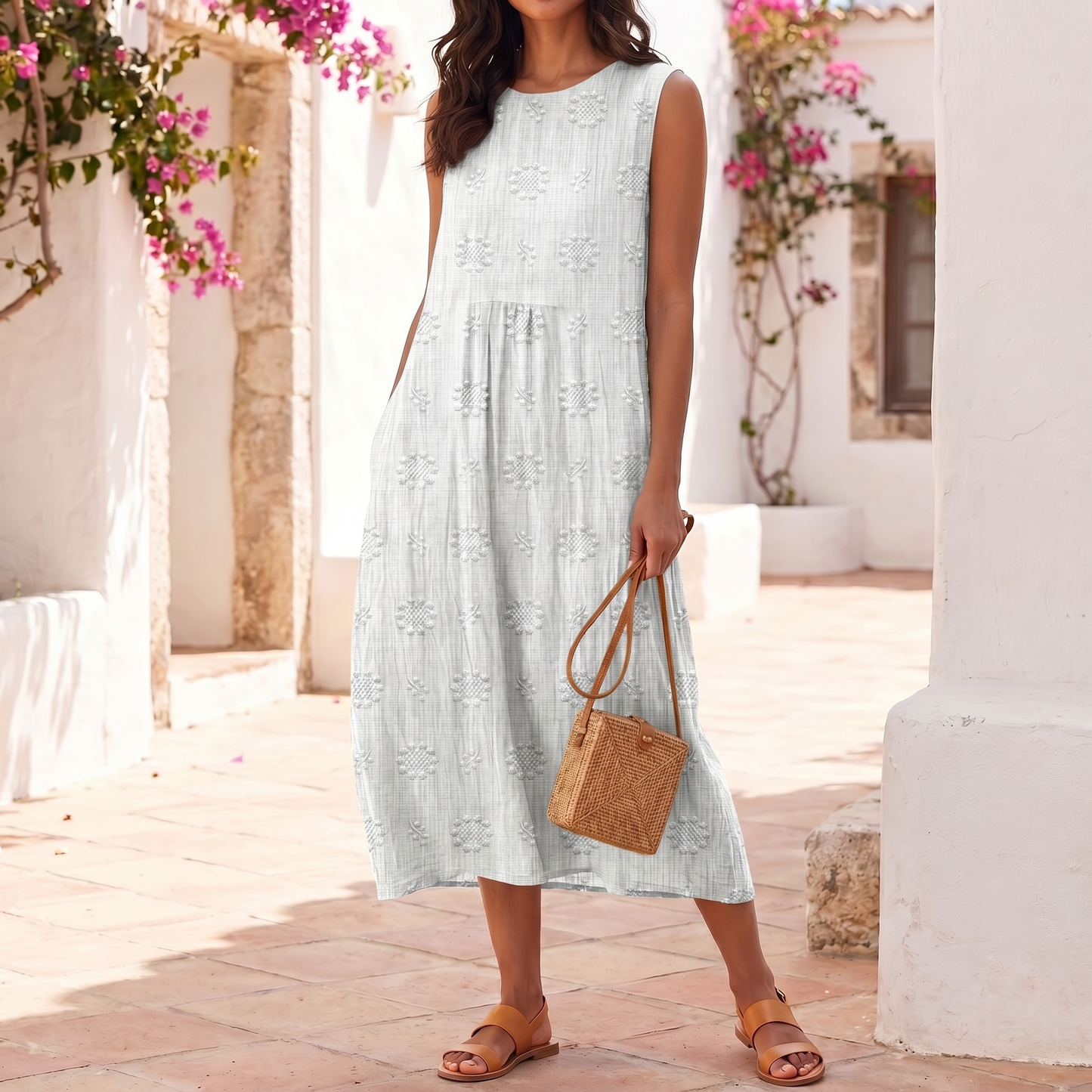 Robe midi sans manches brodée pour femme, légère pour l'été