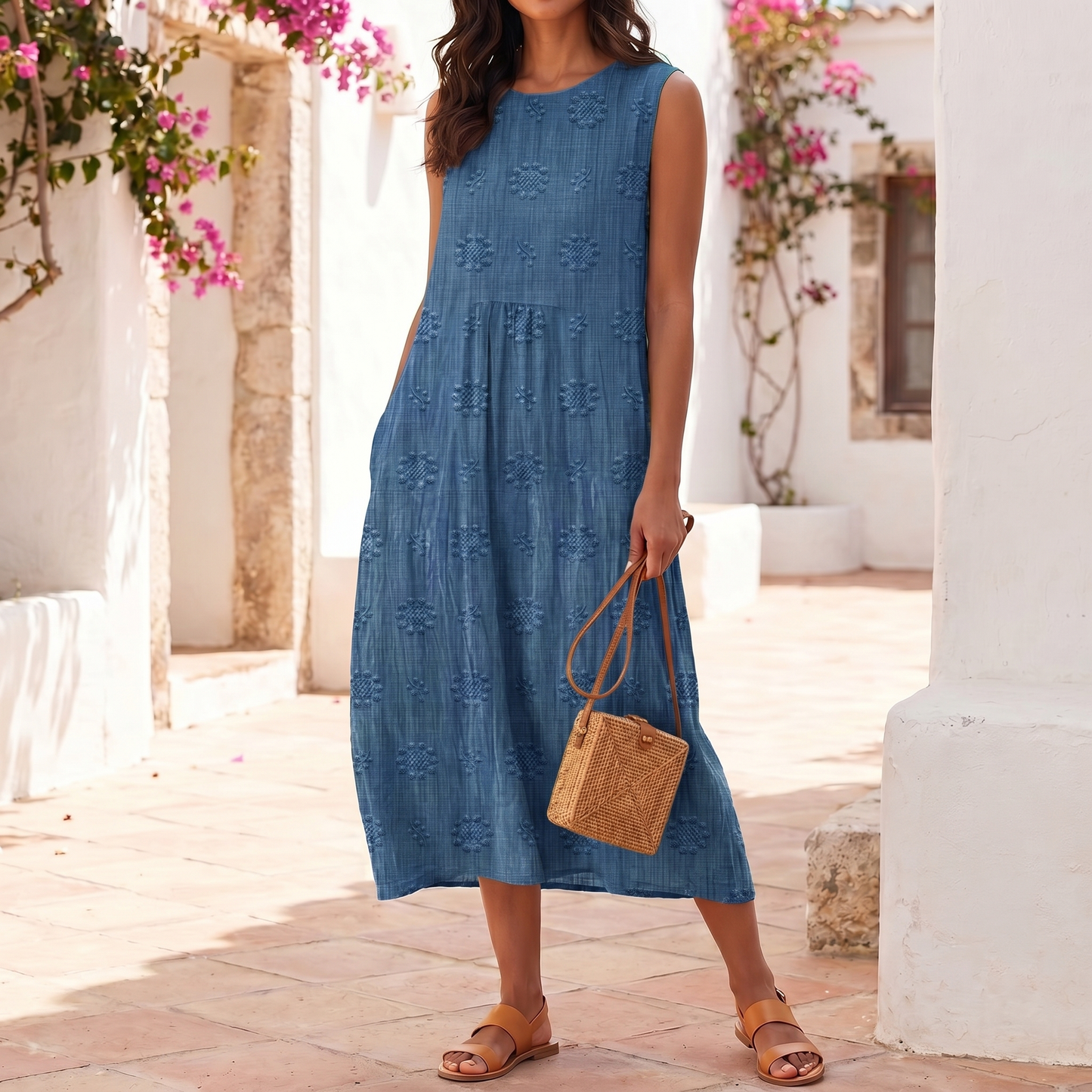 Robe midi sans manches brodée pour femme, légère pour l'été