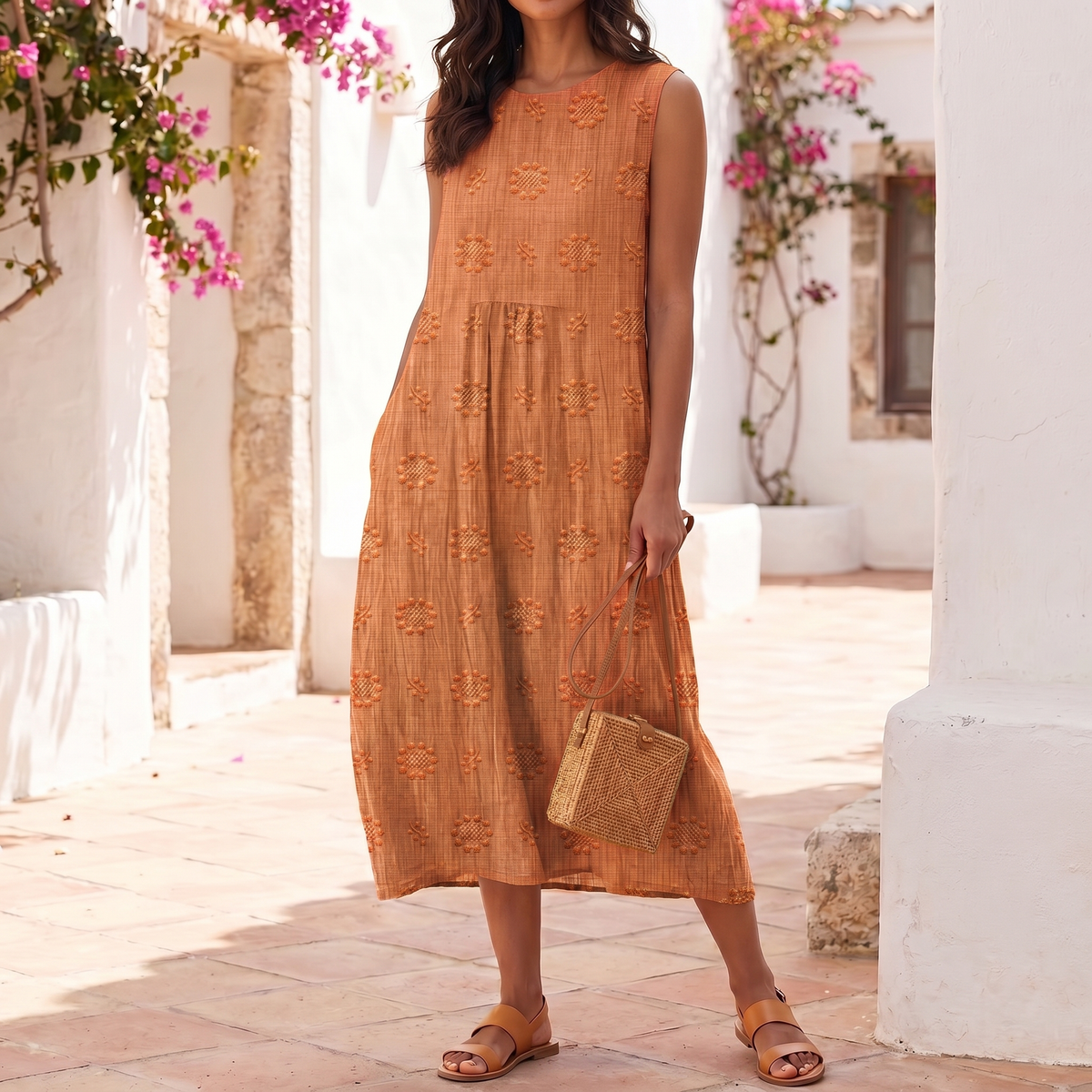 Robe midi sans manches brodée pour femme, légère pour l'été