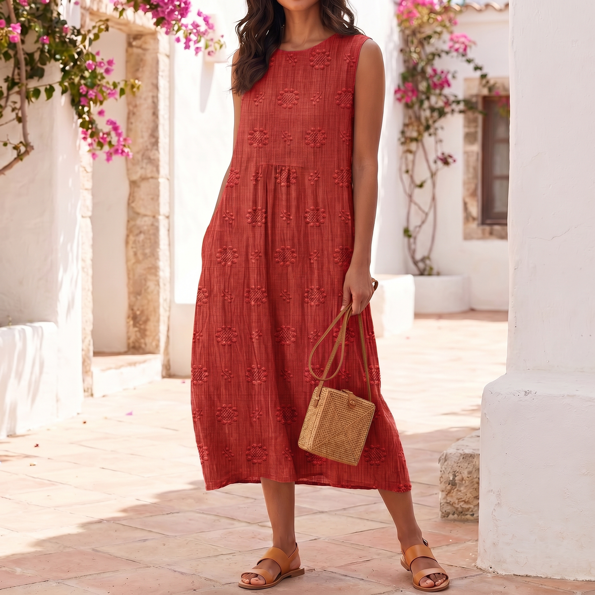 Robe midi sans manches brodée pour femme, légère pour l'été