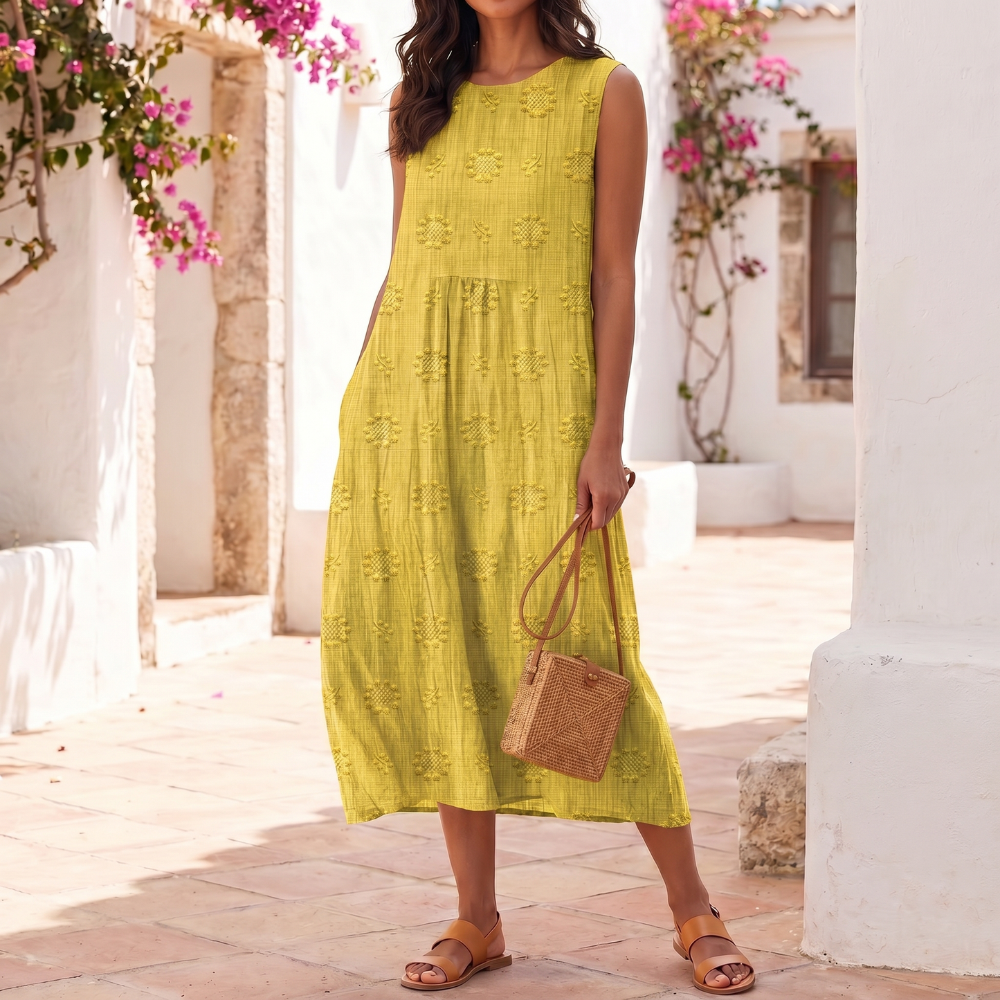 Robe midi sans manches brodée pour femme, légère pour l'été