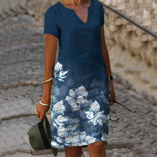 Robe midi shift femme col V manches courtes motif floral