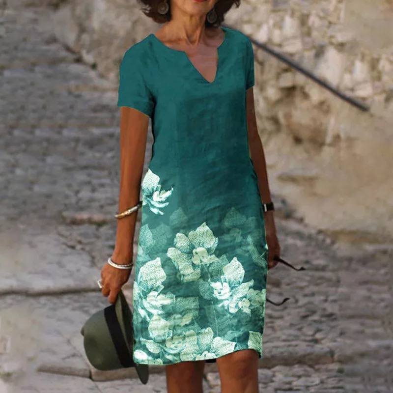 Robe midi shift femme col V manches courtes motif floral