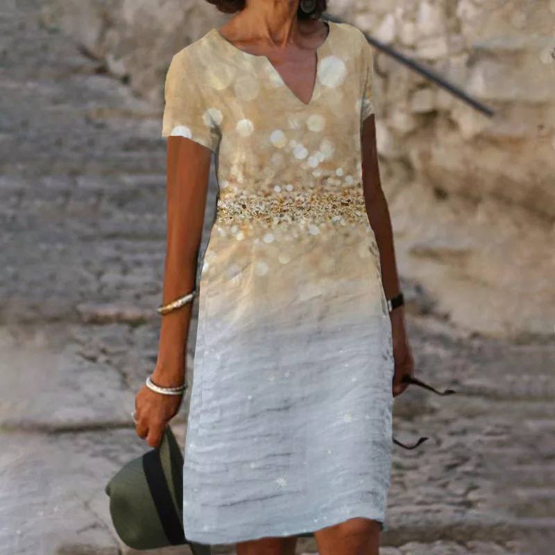 Robe midi shift femme col V manches courtes motif floral