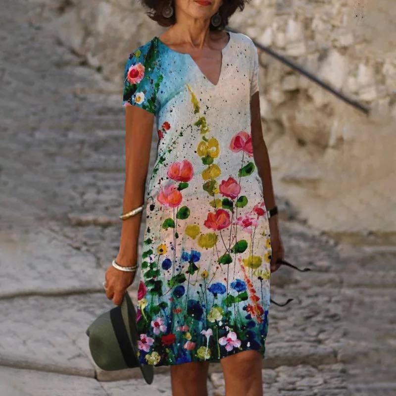 Robe midi shift femme col V manches courtes motif floral