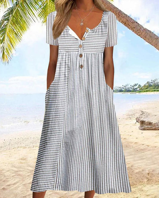 Robe midi trapèze rayée pour femme, manches courtes et col V