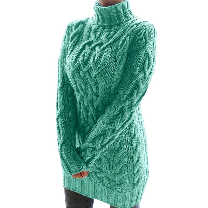 Robe pull tricotée à col roulé et torsades pour femme