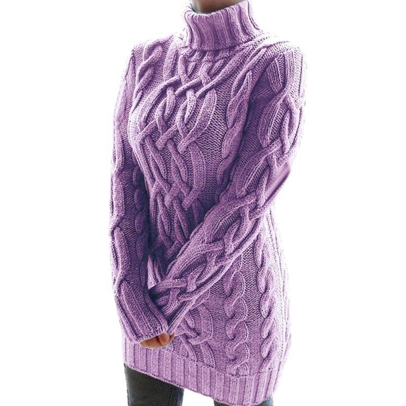 Robe pull tricotée à col roulé et torsades pour femme