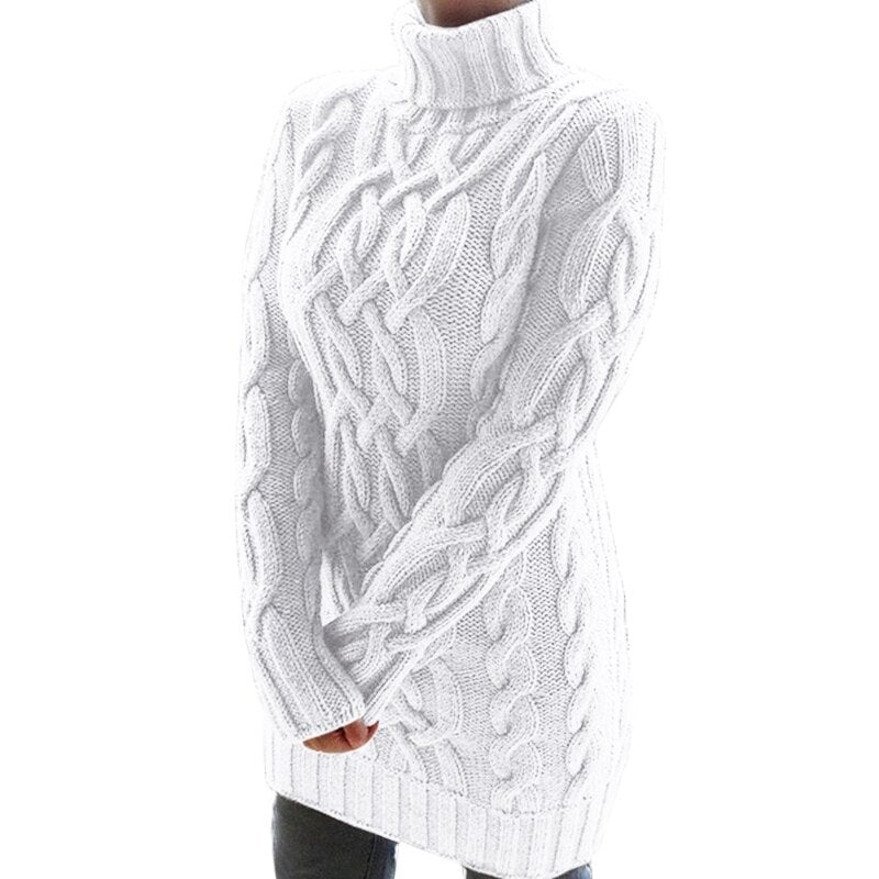 Robe pull tricotée à col roulé et torsades pour femme