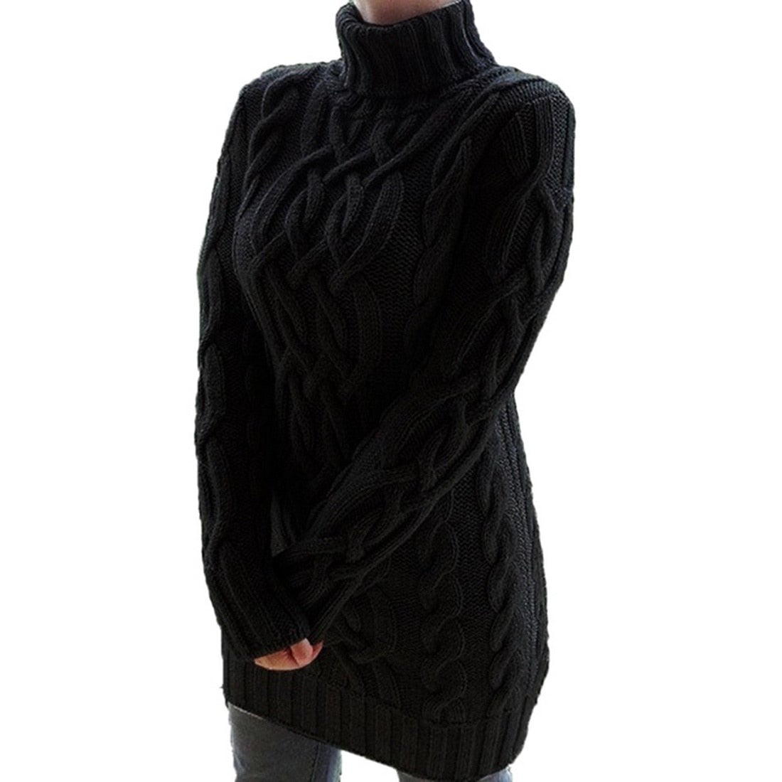 Robe pull tricotée à col roulé et torsades pour femme