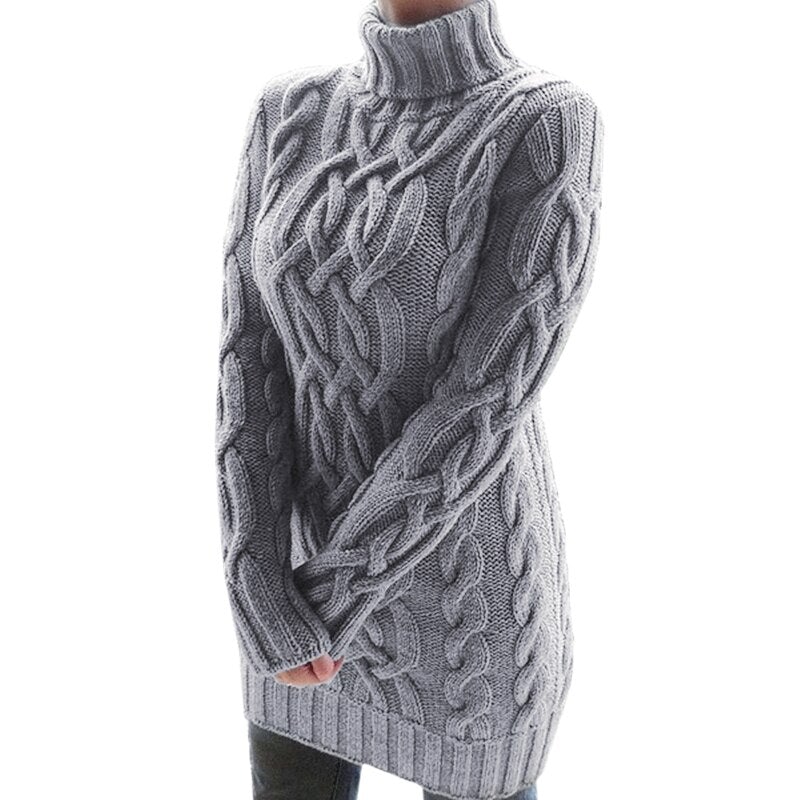 Robe pull tricotée à col roulé et torsades pour femme