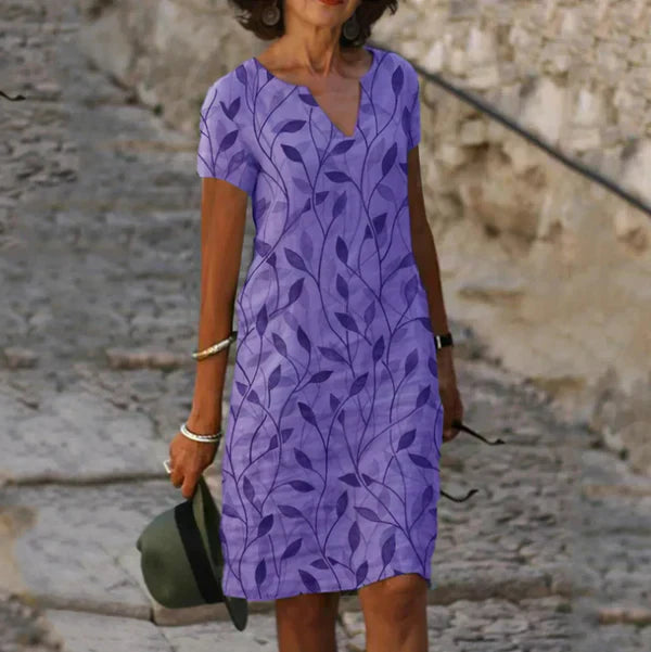 Robe trapèze femme col V imprimé feuilles longueur genou