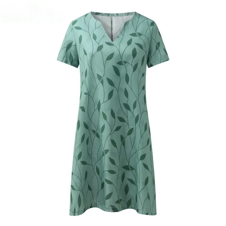 Robe trapèze femme col V imprimé feuilles longueur genou