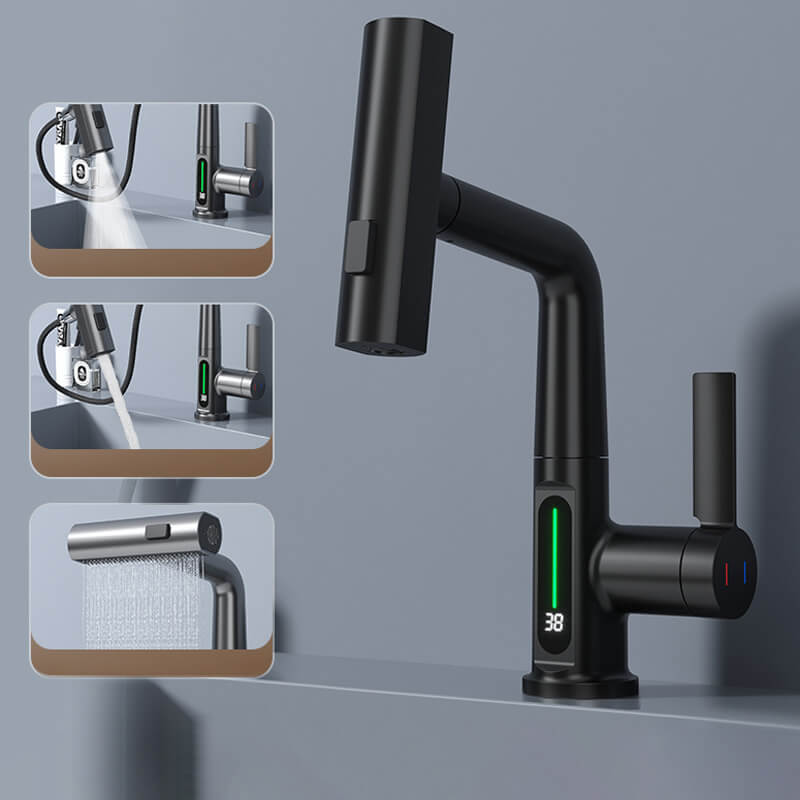 Robinet flexible à LED pour cuisine et salle de bain – pivotant à 360°, flexible extractible et 5 modes de jet
