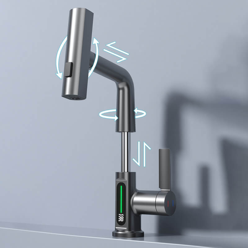 Robinet flexible à LED pour cuisine et salle de bain – pivotant à 360°, flexible extractible et 5 modes de jet
