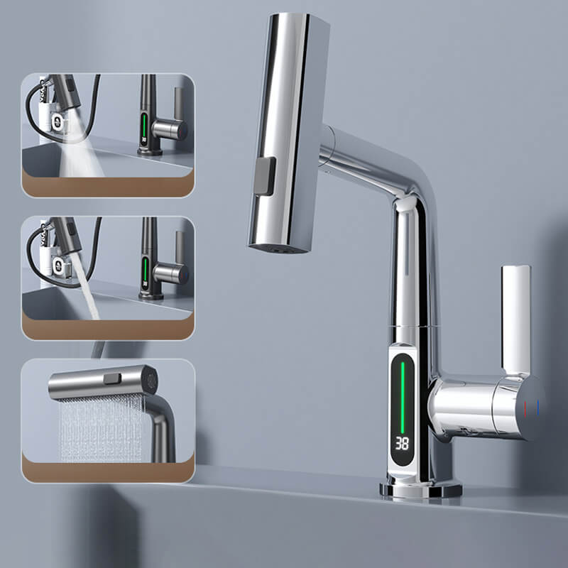 Robinet flexible à LED pour cuisine et salle de bain – pivotant à 360°, flexible extractible et 5 modes de jet