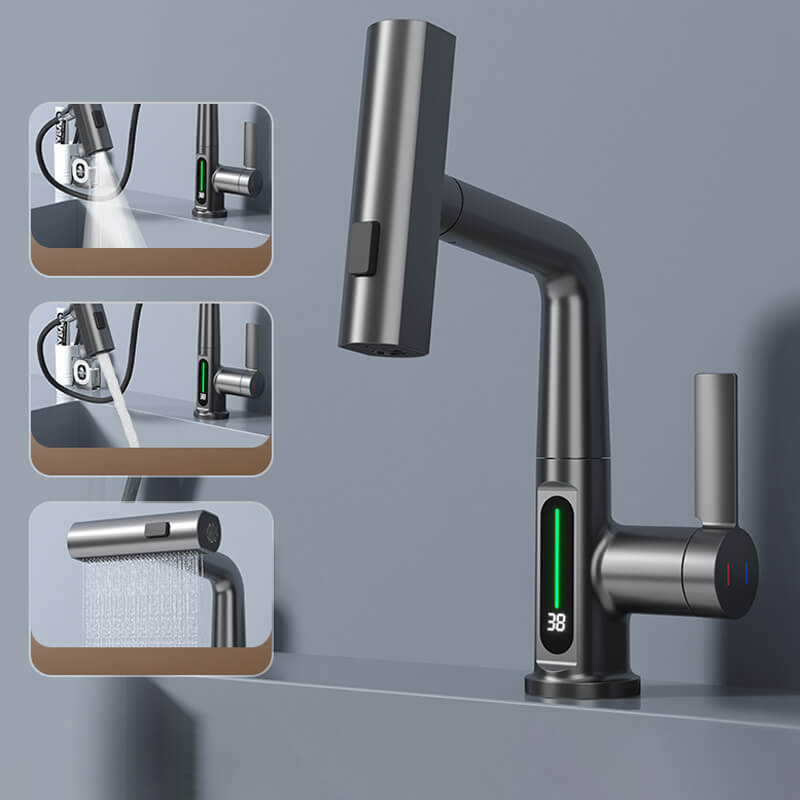 Robinet flexible à LED pour cuisine et salle de bain – pivotant à 360°, flexible extractible et 5 modes de jet