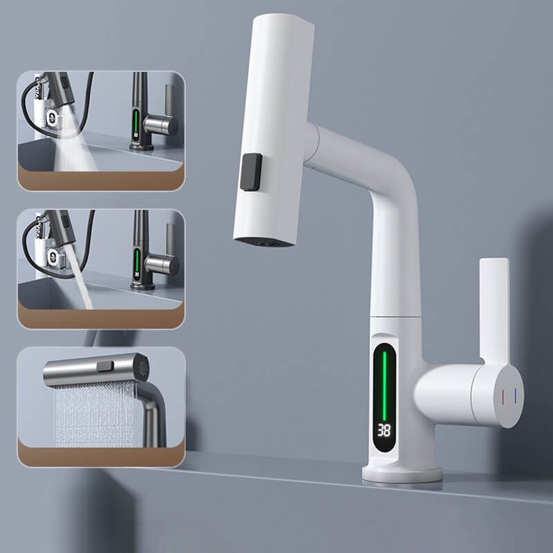 Robinet flexible à LED pour cuisine et salle de bain – pivotant à 360°, flexible extractible et 5 modes de jet