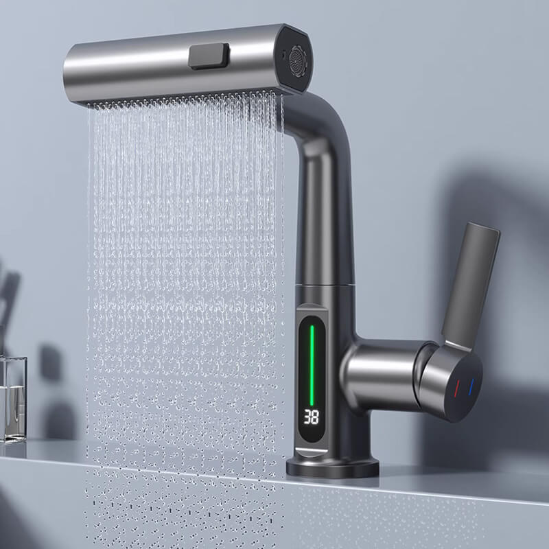 Robinet flexible à LED pour cuisine et salle de bain – pivotant à 360°, flexible extractible et 5 modes de jet