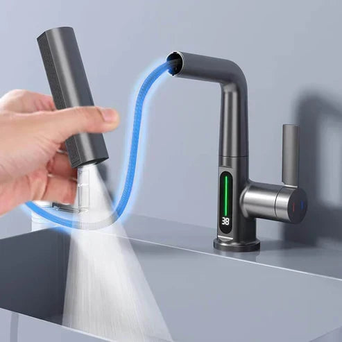 Robinet flexible à LED pour cuisine et salle de bain – pivotant à 360°, flexible extractible et 5 modes de jet