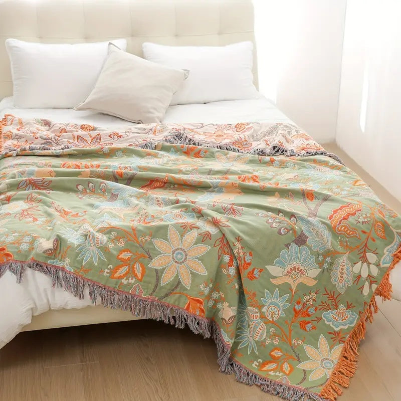 Rustic Floral Boho Blanket | 100% Cotton Floral Blanket