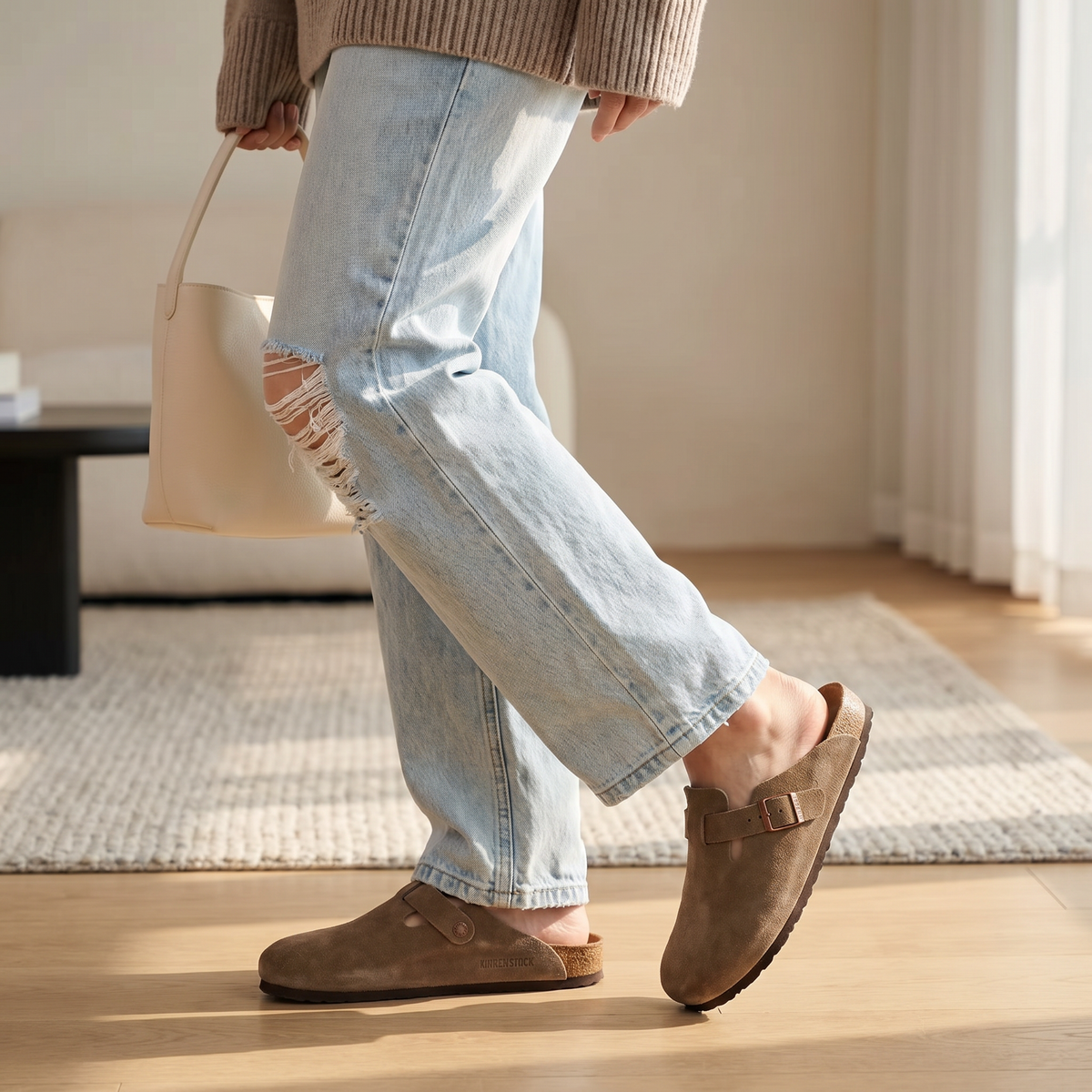 Sabots pour femme en cuir suédé de vachette doux | Chaussures à enfiler confortables à porter toute la journée