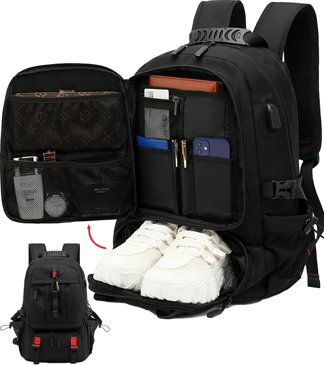 Sac à dos de voyage imperméable pour ordinateur portable 60 l avec port USB et compartiment à chaussures