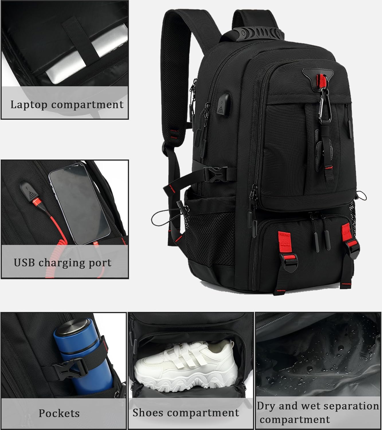 Sac à dos de voyage imperméable pour ordinateur portable 60 l avec port USB et compartiment à chaussures