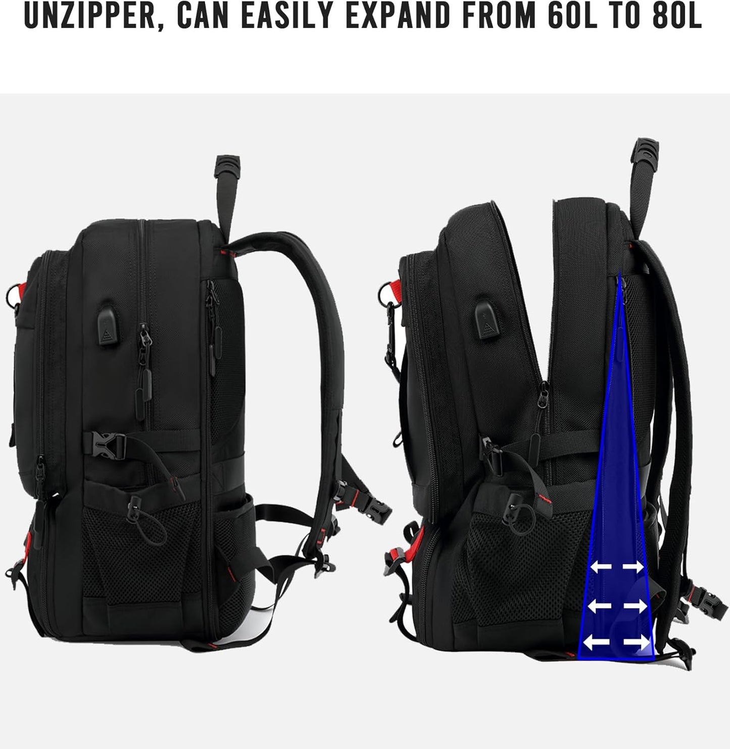 Sac à dos de voyage imperméable pour ordinateur portable 60 l avec port USB et compartiment à chaussures