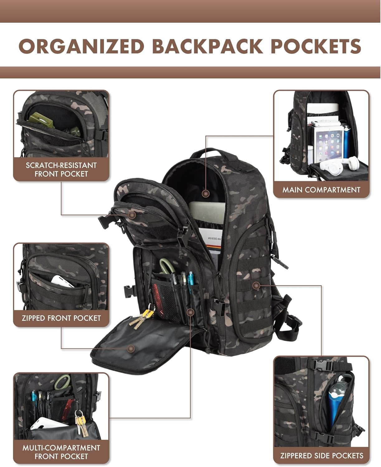 Sac à dos tactique mixte 35 L - système Molle et poche pour ordinateur portable