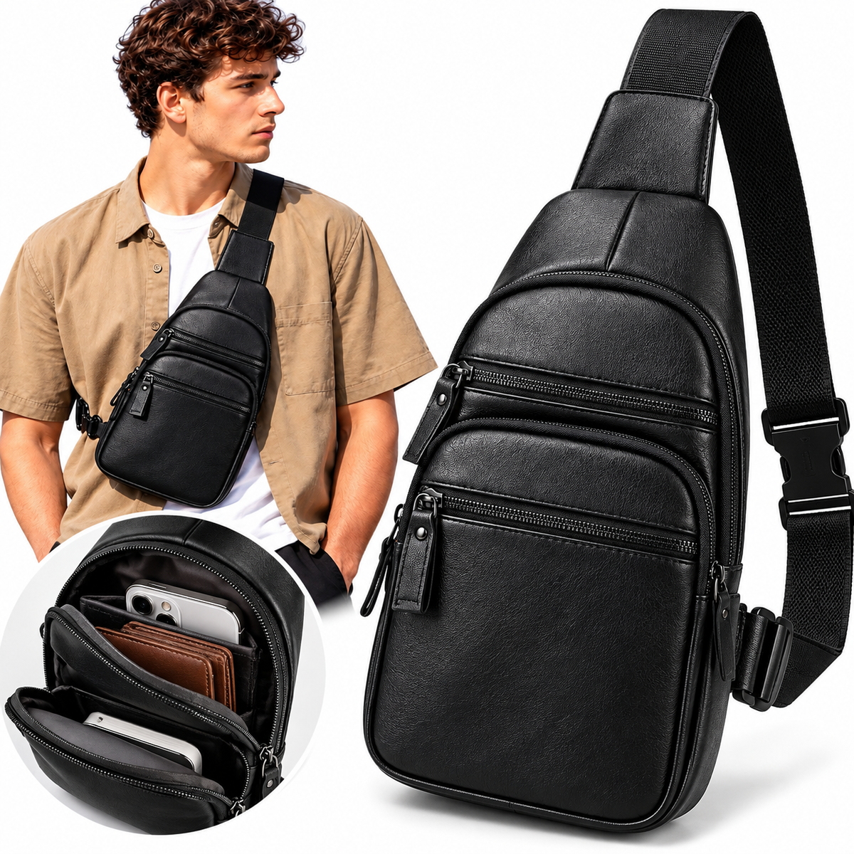 Sac bandoulière en cuir avec multiples poches zippées et sangle réglable