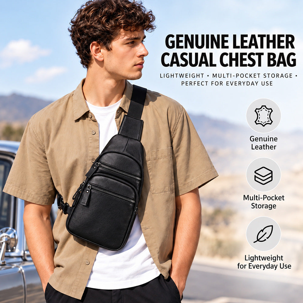 Sac bandoulière en cuir avec multiples poches zippées et sangle réglable