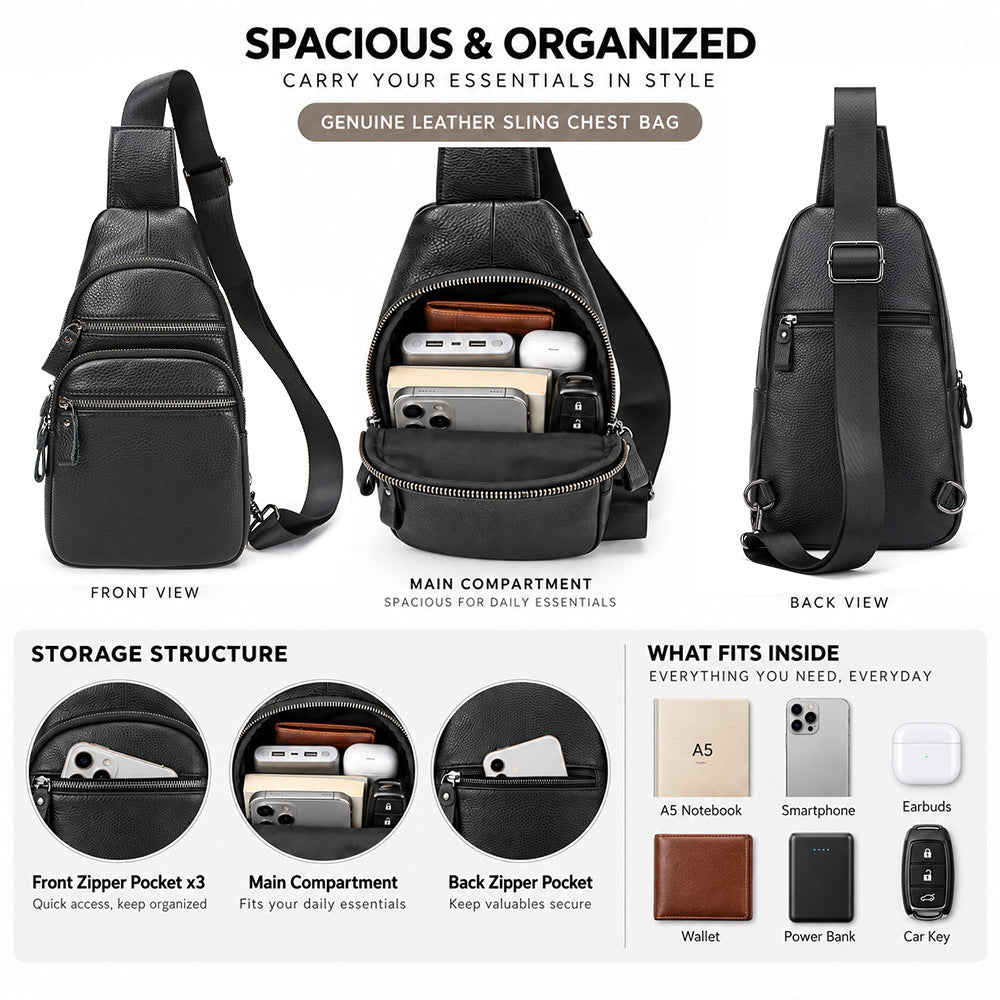 Sac bandoulière en cuir avec multiples poches zippées et sangle réglable