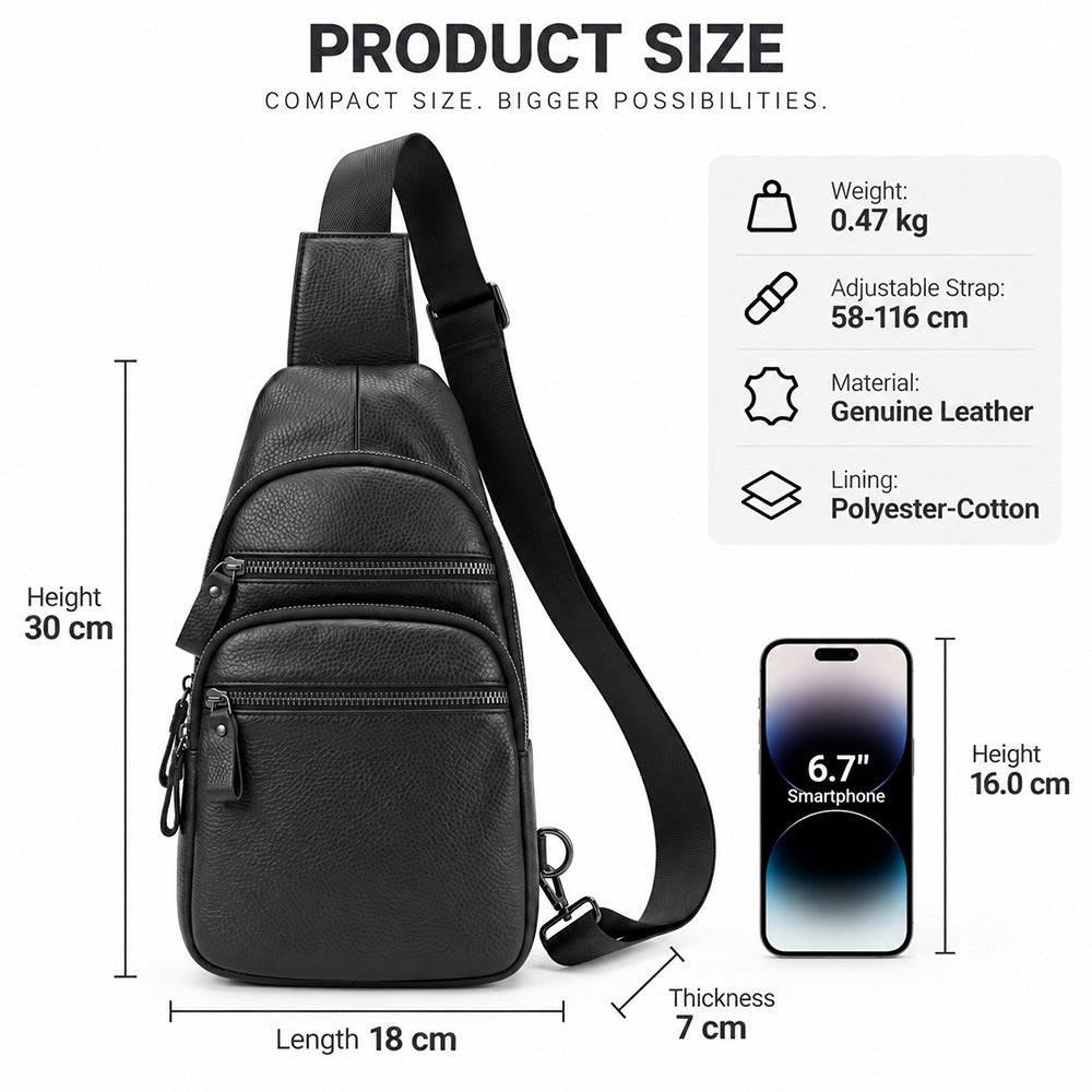 Sac bandoulière en cuir avec multiples poches zippées et sangle réglable