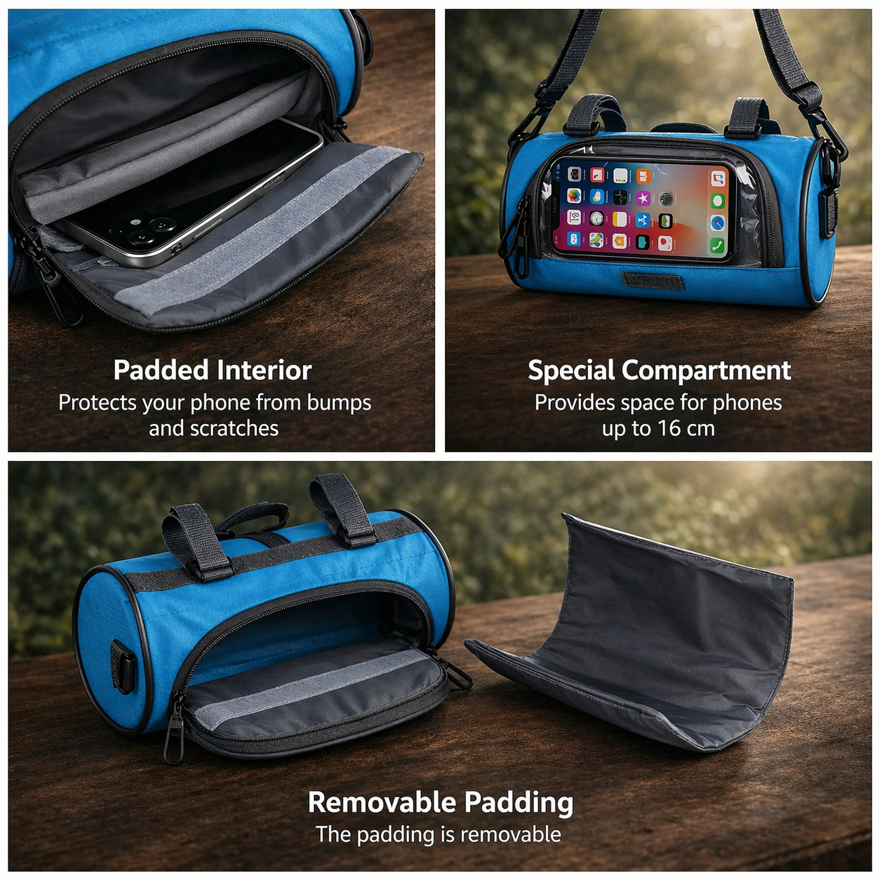 Sacoche de vélo compatible écran tactile avec système d'attache velcro universel