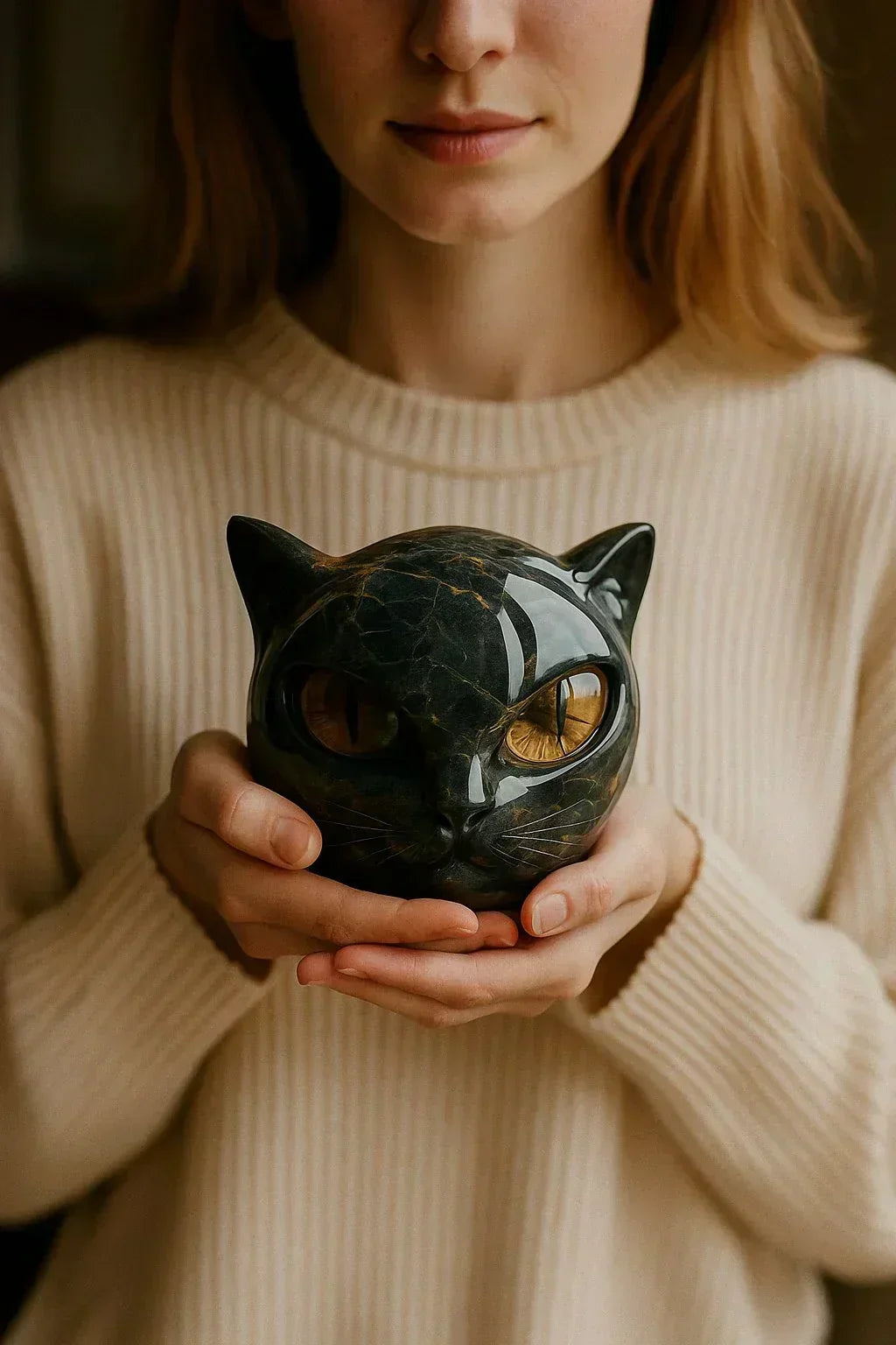 Sculpture artistique féerique d'une tête de chat noir