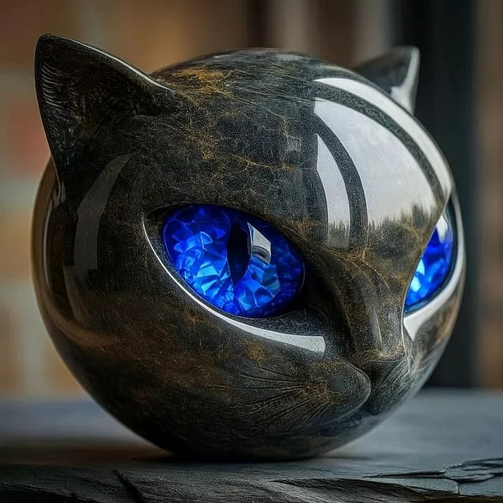 Sculpture artistique féerique d'une tête de chat noir