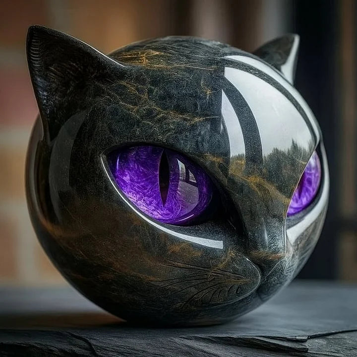 Sculpture artistique féerique d'une tête de chat noir