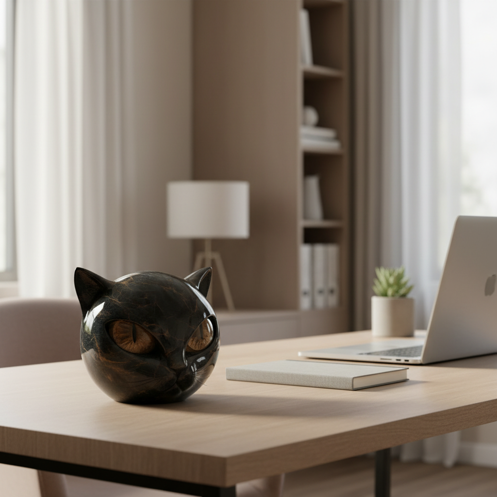 Sculpture artistique féerique d'une tête de chat noir